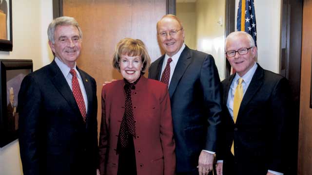 Leaders on family and children’s issues met in Charlotte. Shown are (from left) Dr. Tom Phillips of the Billy Graham Library, Shirley Dobson and Dr. James Dobson of Family Talk, and Warren Steen of the Rye Foundation.